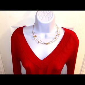 Deep Red V-Neck Pullover Sweater w/necklace